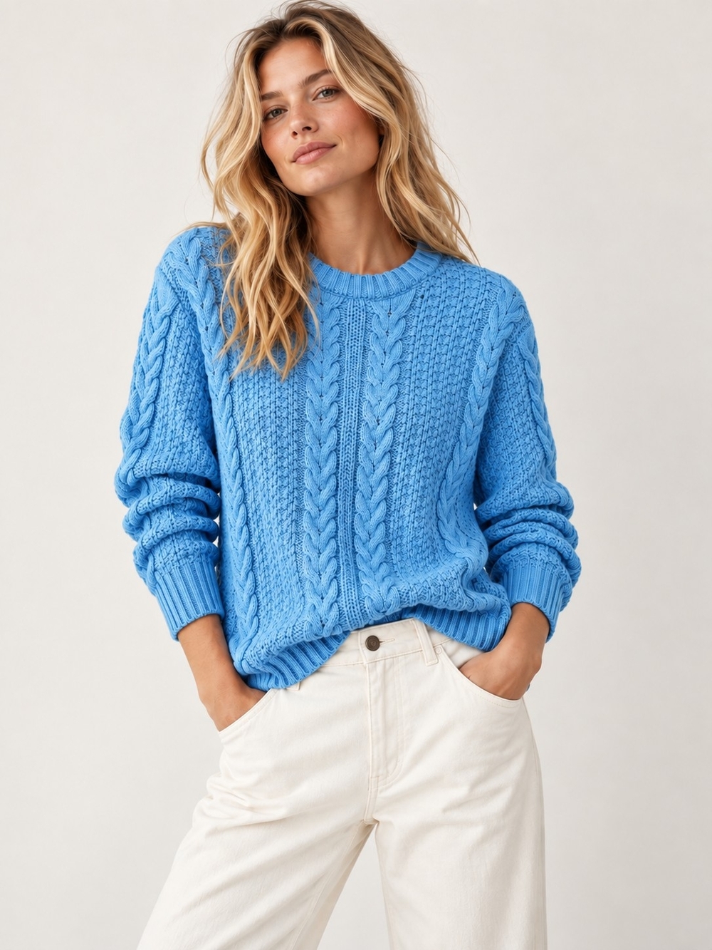 J.CREW Sky Blue Cable Knit Cotton Crewneck Fisherman Sweater Small Unisex